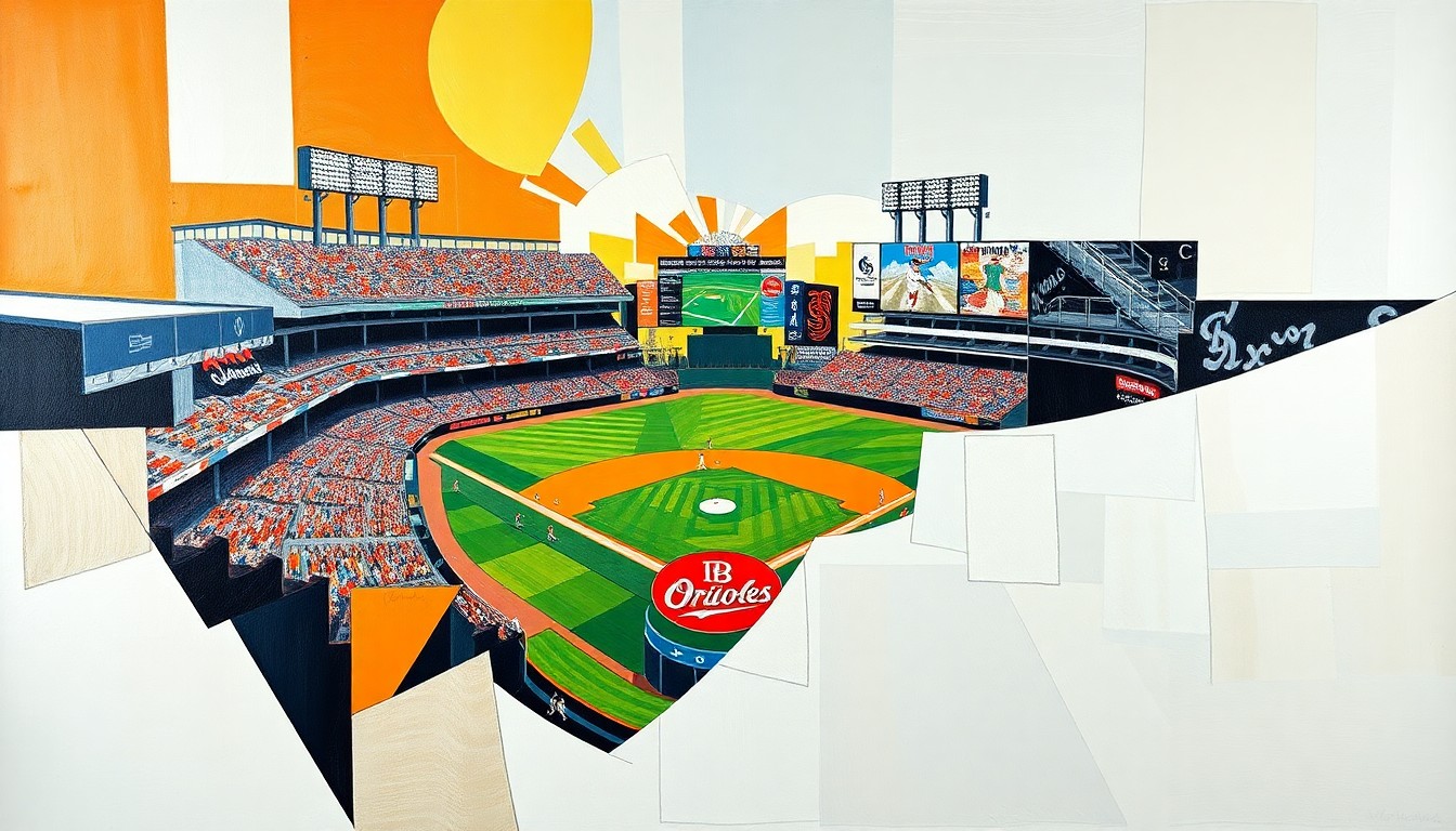 A vibrant, abstract painting featuring sharp, overlapping geometric shapes in the official team colors of the Baltimore Orioles and Chicago White Sox, conceptually representing the dynamics and energy of a baseball game.