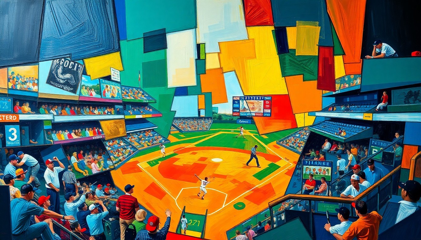 A cubist-style painting featuring sharp, overlapping geometric shapes in vibrant colors like deep blue, fiery orange, and electric green, conceptually representing the strategic and explosive moments of the baseball game between the Diamondbacks and Phillies.