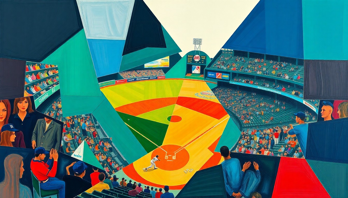 A fractured, multi-perspective painting in a cubist style, using sharp geometric planes and vibrant colors to conceptually represent the Mariners' offensive woes and Cal Raleigh's early-season struggles.