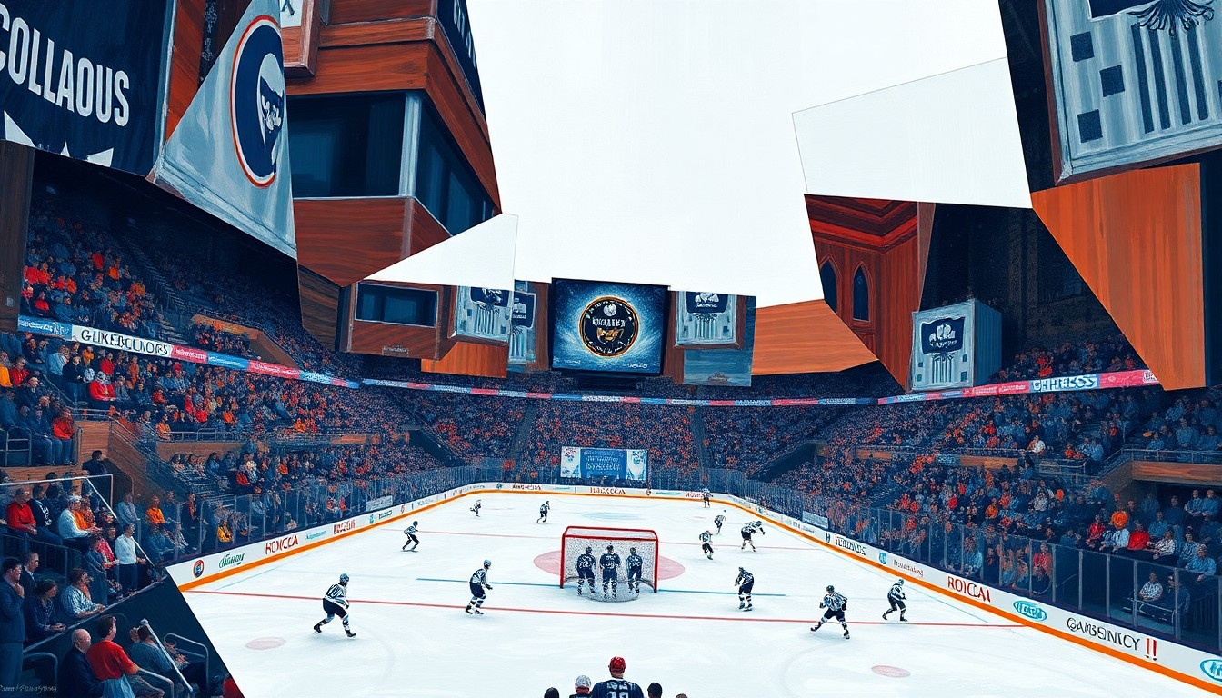 A cubist, geometric painting depicting a college hockey championship game, with the players and action broken down into sharp, overlapping planes of color and form.