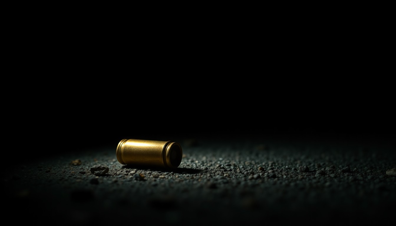 An extreme close-up photograph of a single spent shell casing on the ground, reflecting the harsh lighting and creating a stark, gritty, investigative aesthetic that conceptually represents the sensitive nature of this incident.