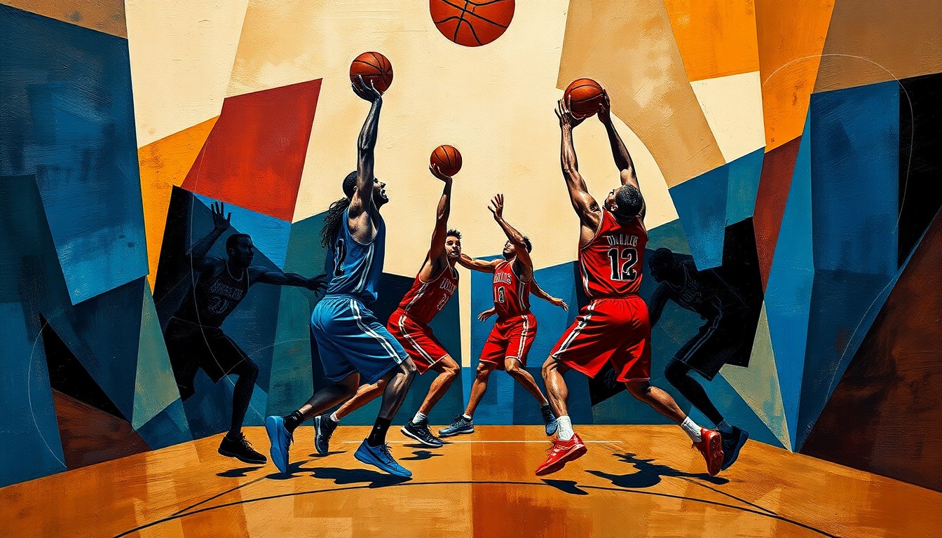 A cubist-style painting depicting a basketball game in a fragmented, geometric style, with the players' forms broken down into sharp, overlapping shapes in a palette of deep blues, reds, and browns.
