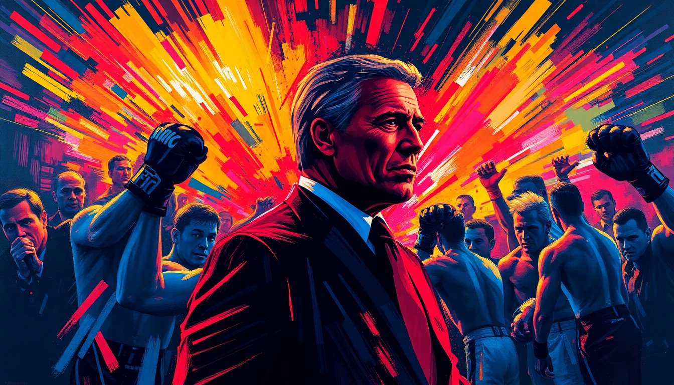 An abstract, expressionist painting in neon colors, capturing the frenetic energy of a UFC fight night, with the silhouette of a figure emerging from the chaos, representing the former president's surprise appearance at the event.