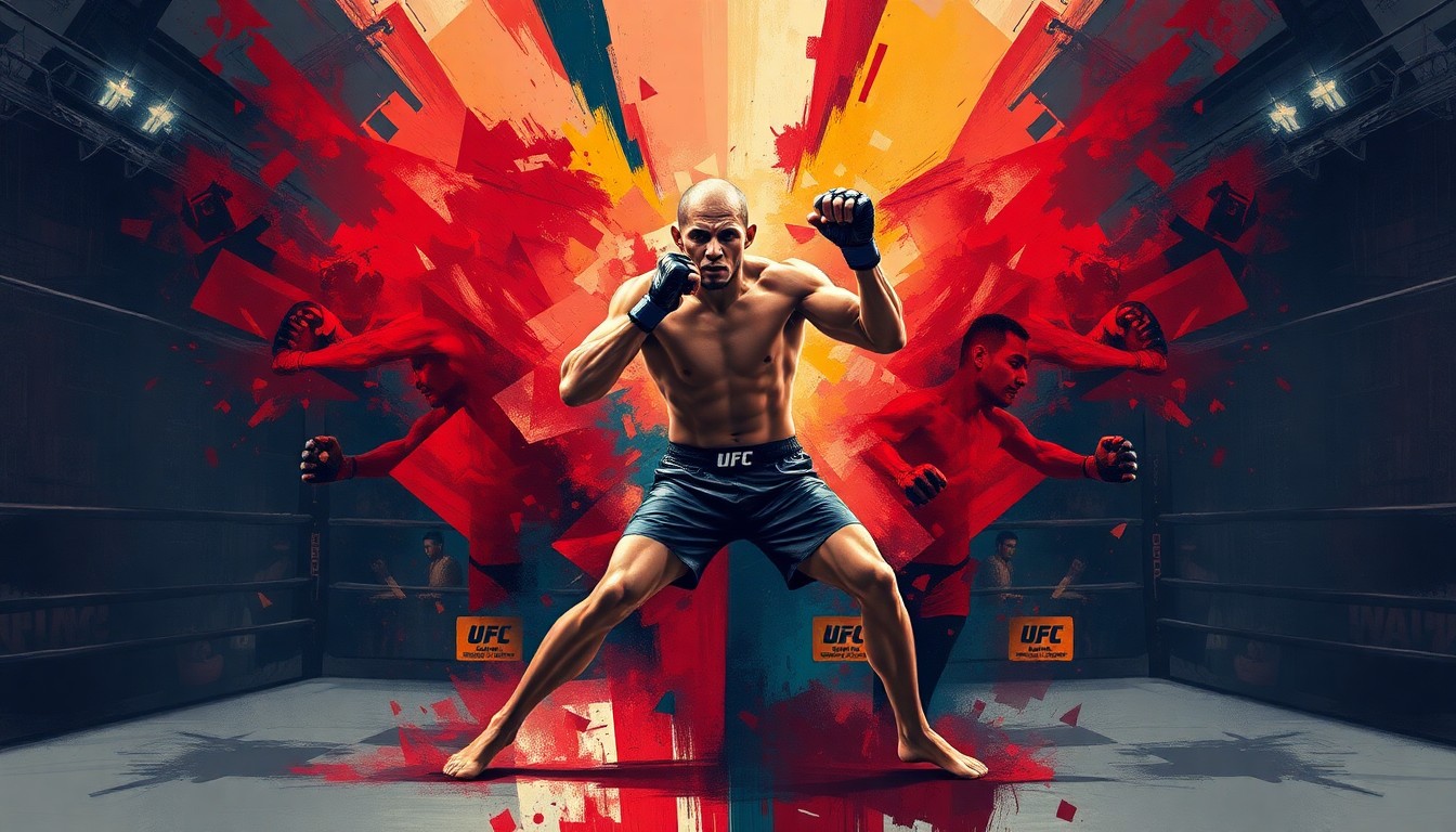 A fractured, abstract painting of a UFC fighter's movements repeated and overlapping in bold, geometric waves of color, conceptually representing the fragmented priorities of the nation's leadership.
