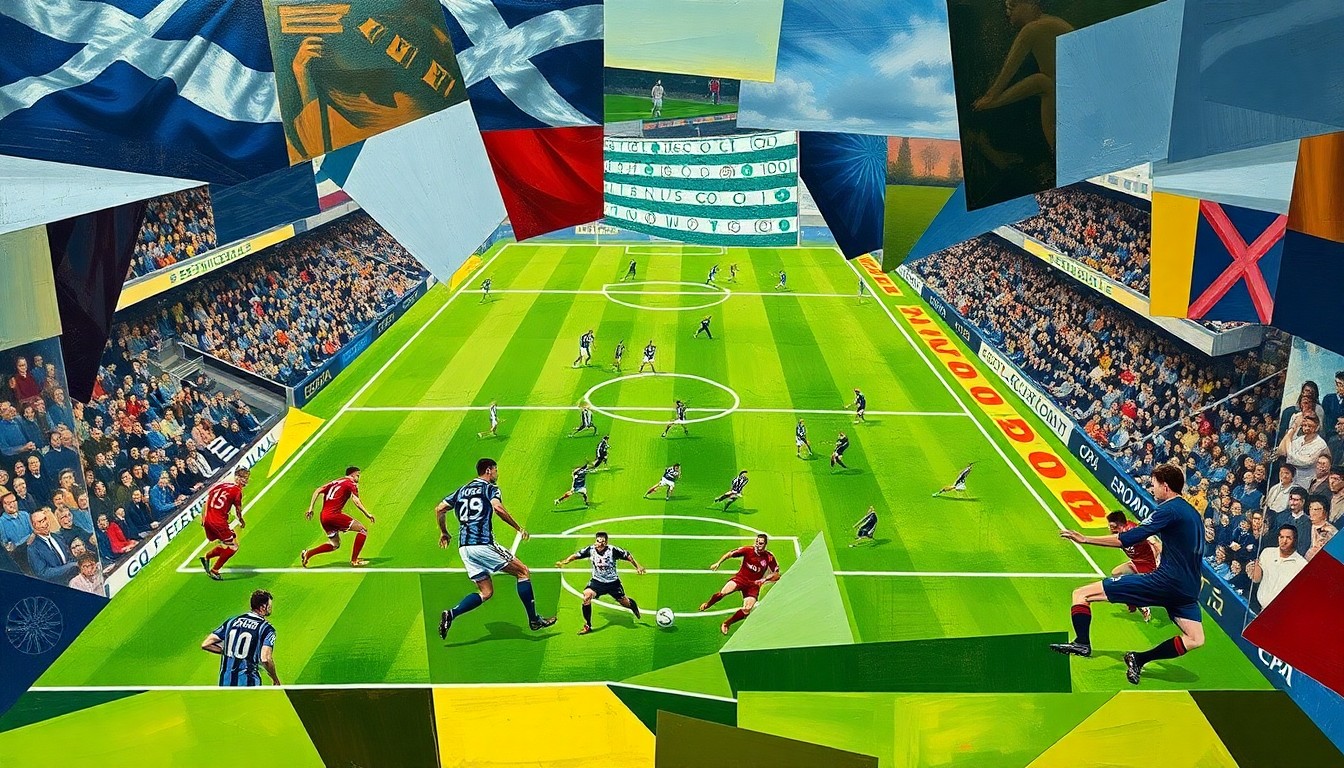 A cubist, geometric painting depicting the energy and movement of a Scottish Premiership football match, with sharp, overlapping planes of color and form representing the players and the action on the field.
