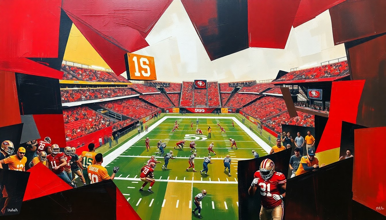 A fragmented, cubist-style painting depicting a 49ers football game or practice, with sharp geometric shapes in the team's colors of scarlet red, metallic gold, and black, capturing the dynamic energy and strategic complexity of the sport.