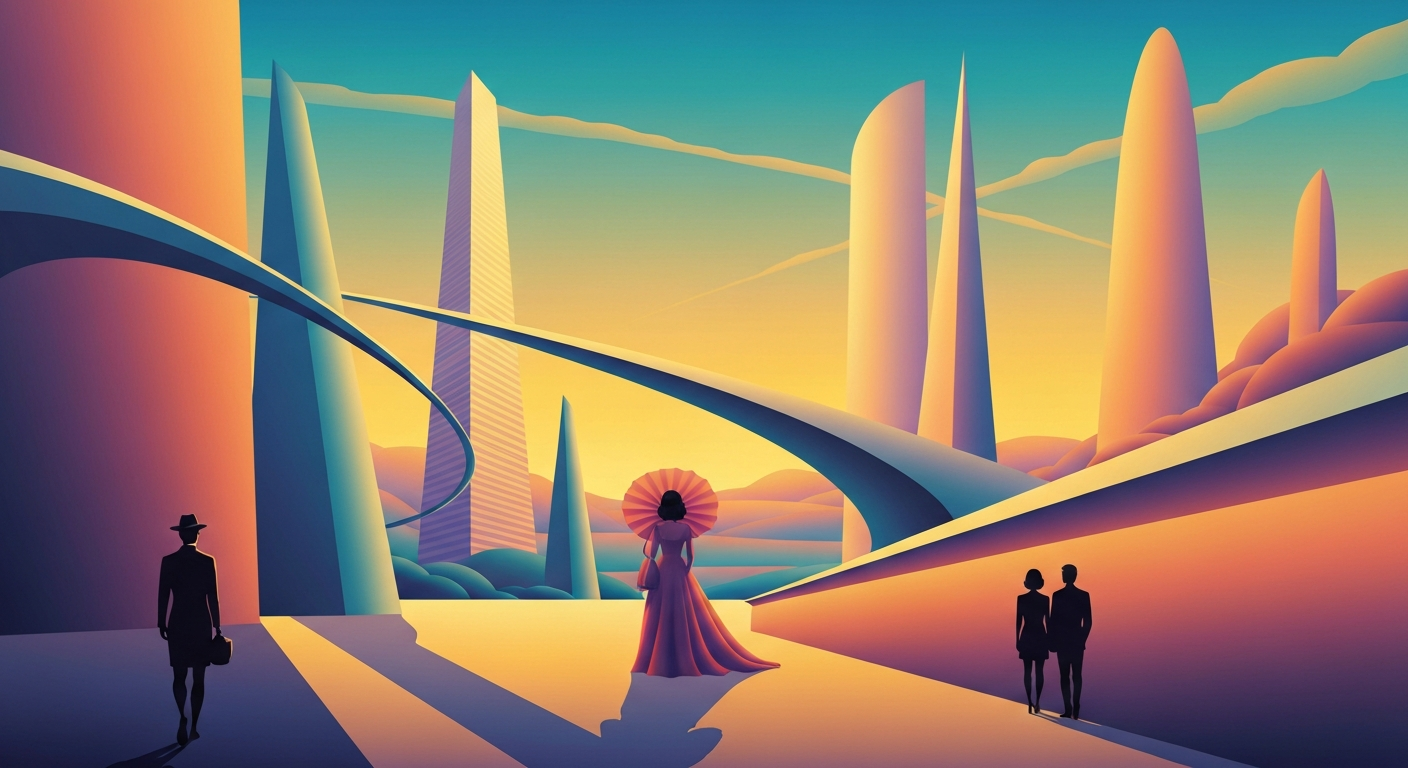 A highly stylized, geometric illustration depicting a towering Ferris wheel structure with sweeping, smooth gradients in shades of blue, purple, and orange, capturing the grand scale and romance of the proposed attraction.