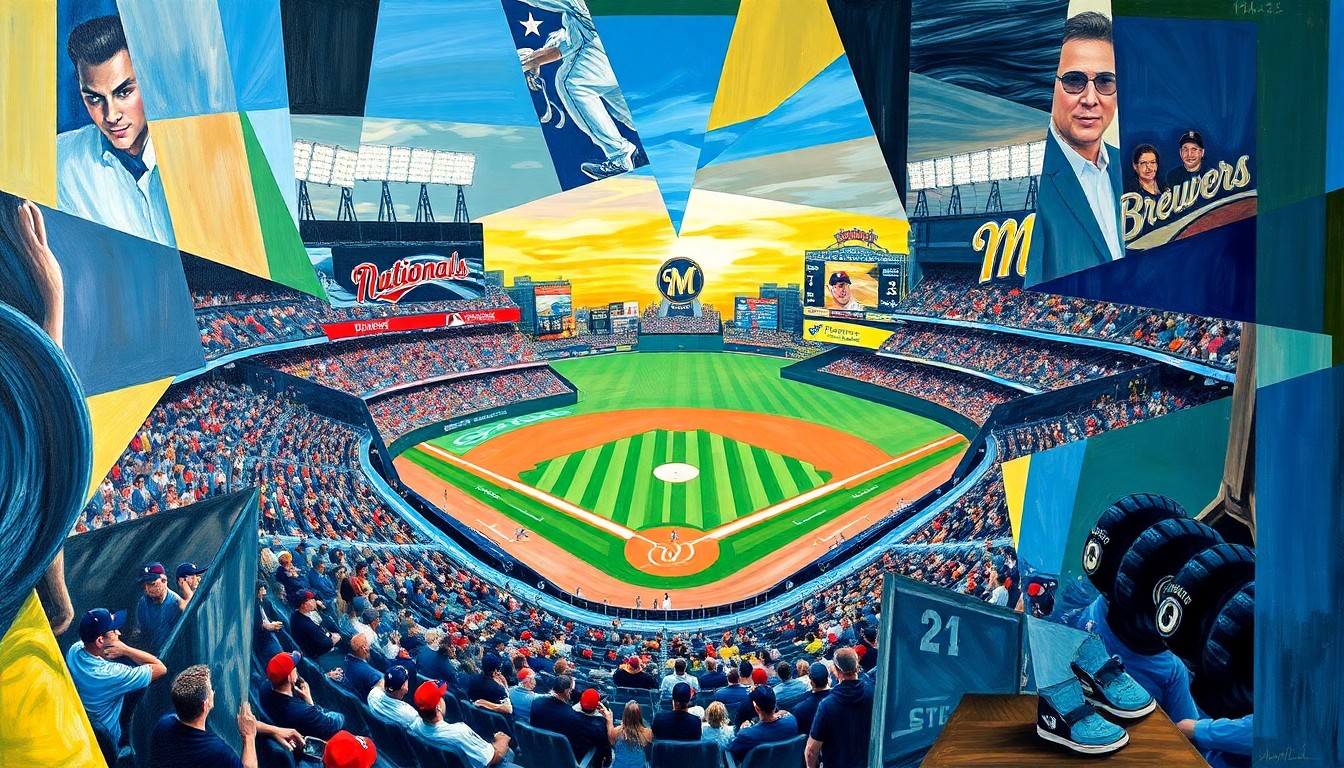 A fragmented, geometric painting depicting a baseball game between two teams, with players and the field broken down into sharp, overlapping shapes and planes in a cubist style.