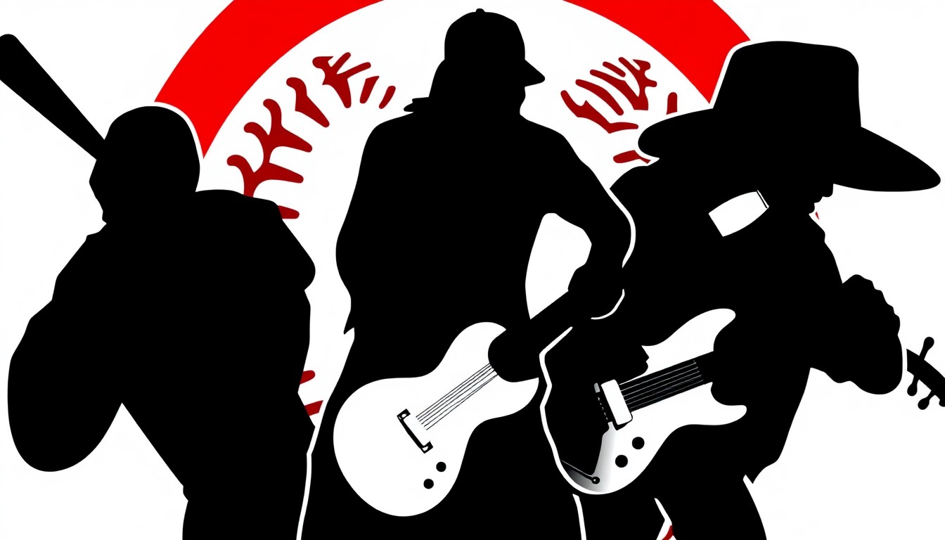 An abstract, minimalist illustration featuring bold, jagged shapes in contrasting red and white tones, conceptually representing the fusion of baseball and Southern rock music.