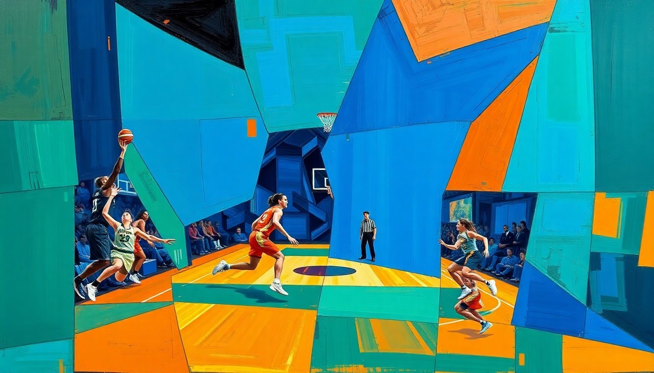 A cubist, geometric painting depicting a women's basketball game or match, with sharp, overlapping planes of color and movement, capturing the energy and dynamism of the sport.