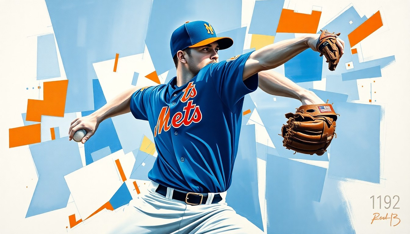 A cubist, geometric painting depicting a baseball pitcher's throwing motion broken down into sharp, overlapping planes of blue, orange, and white, conceptually representing the Mets' strategic approach to roster management.