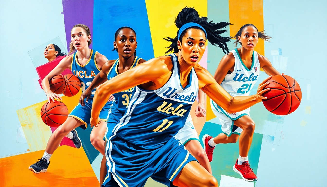 A fractured, geometric painting in vibrant colors depicting the movements and energy of a basketball player, representing the multifaceted talent of Kiki Rice.