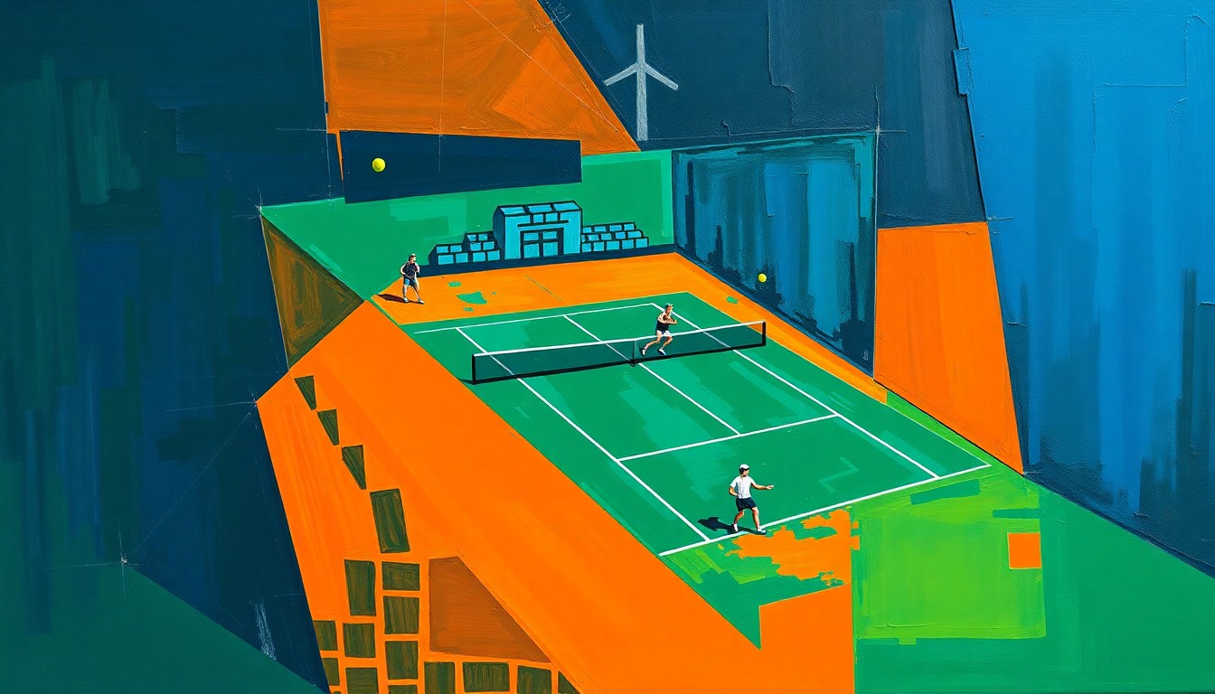 A cubist-style painting featuring fragmented, overlapping geometric shapes in shades of blue, green, and orange, conceptually representing the tension and dynamics of a tennis match.
