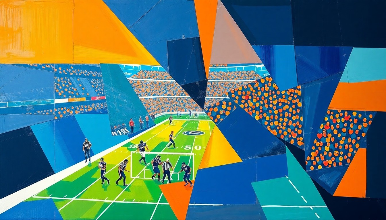 A cubist, geometric painting depicting fragmented and overlapping shapes in shades of blue, aqua, and orange, representing the complex and multi-faceted nature of the Dolphins' decision to draft quarterback Ty Simpson.