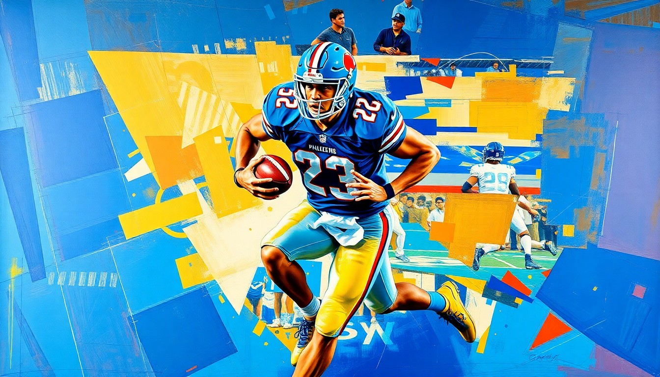 A fragmented, geometric painting depicting a college football player in motion, with sharp, overlapping planes of blue, gold, and red, conveying the dynamic and multifaceted nature of the recruitment process.