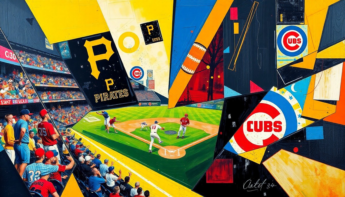 A fragmented, geometric painting in bold colors depicting the dynamic action and tension of a baseball game between the Pittsburgh Pirates and Chicago Cubs, with overlapping shapes and planes conveying the intensity of the extra-innings showdown.