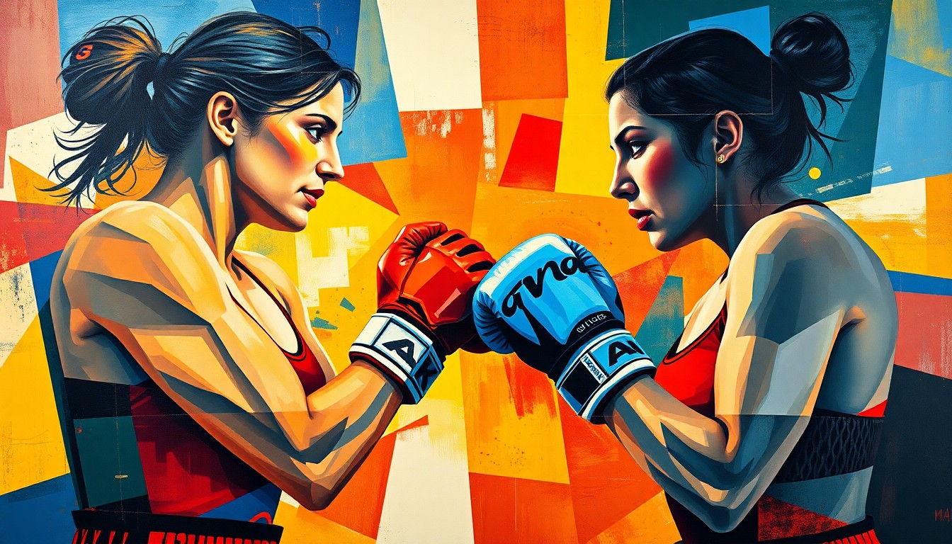 A fractured, cubist-style painting depicting the intense action and energy of a boxing match, with the figures of the two fighters broken down into sharp, overlapping geometric shapes in a vibrant color palette.