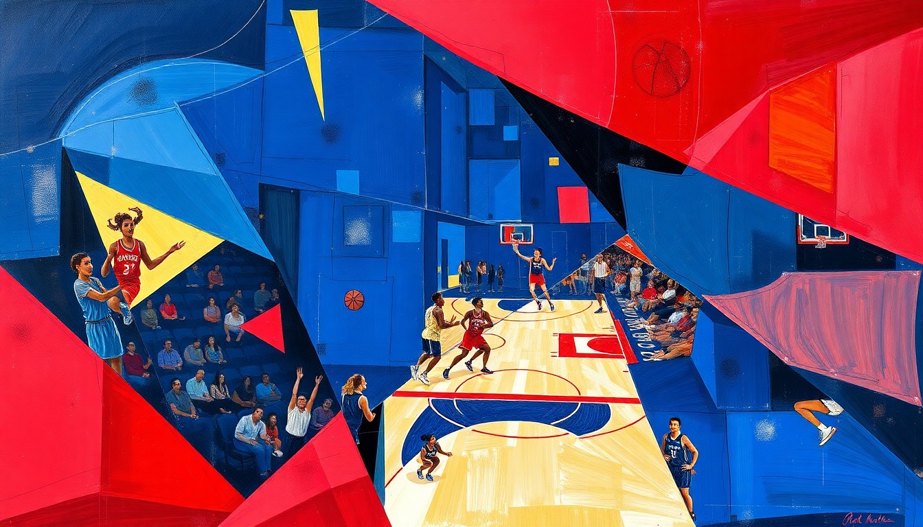 A cubist, geometric painting depicting a WNBA basketball game in motion, with the players and court broken down into sharp, overlapping planes of color, capturing the dynamic energy of the sport.