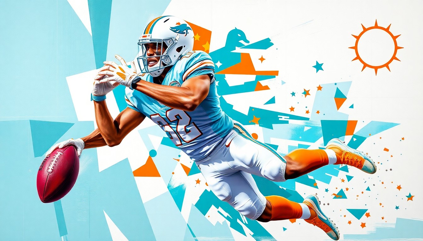 A fragmented, geometric painting depicting a Miami Dolphins player making a catch, with sharp planes of aqua blue, orange, and white representing the team's evolving offensive identity.