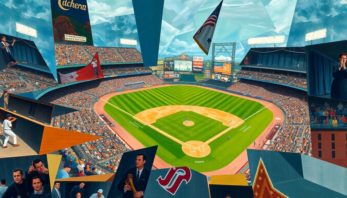 A cubist-style painting featuring overlapping geometric shapes and planes, representing the complex dynamics of a baseball game.