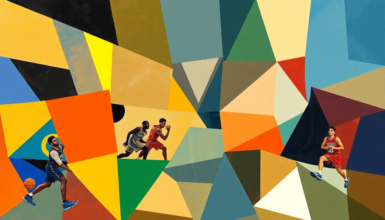 A cubist, geometric painting depicting a basketball game or match, with sharp, overlapping planes of color representing the movement and energy of the sport.
