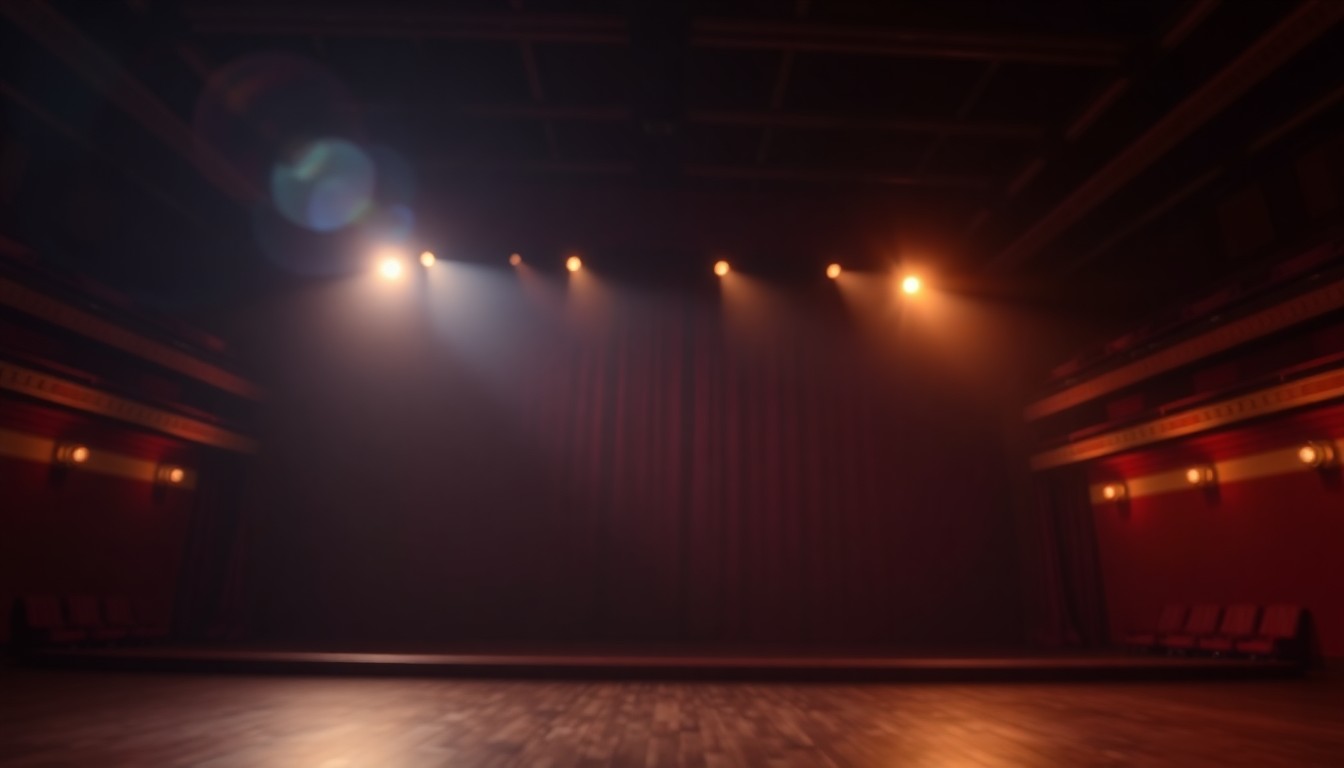 An extremely abstracted, out-of-focus photograph of an empty theatre stage, with soft pools of warm light and color creating a dreamlike, nostalgic atmosphere.