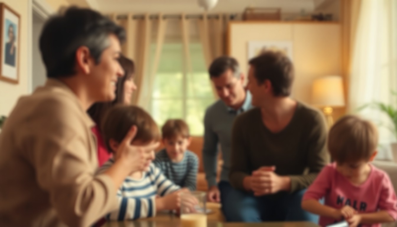 A hazy, dreamlike photograph depicting the blurred silhouettes of adults and children in a warm, domestic setting, conveying the intimate and joyful atmosphere of a family gathering.