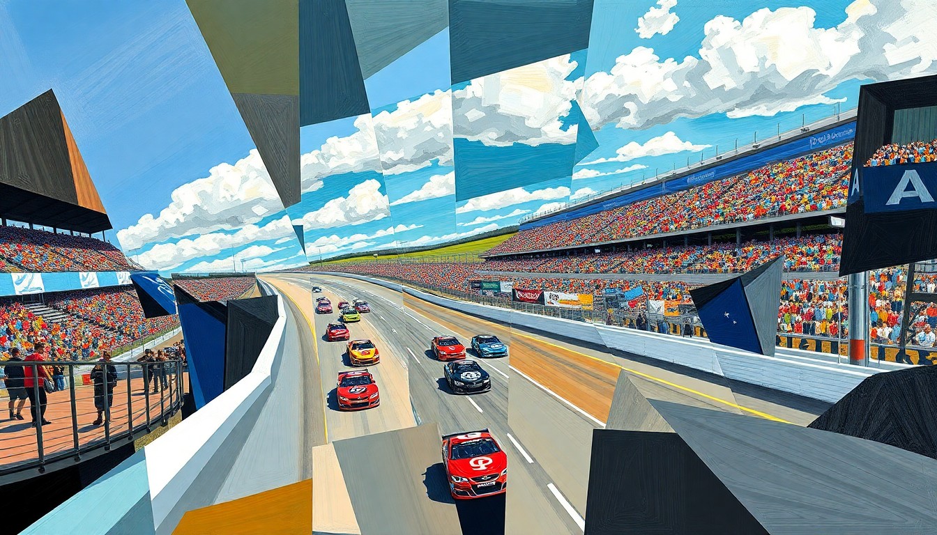 A fractured, geometric painting depicting a NASCAR race at Bristol Motor Speedway, with cars and the track broken down into sharp, overlapping planes of color and shape, conveying the complex challenges faced by drivers like Chase Elliott.