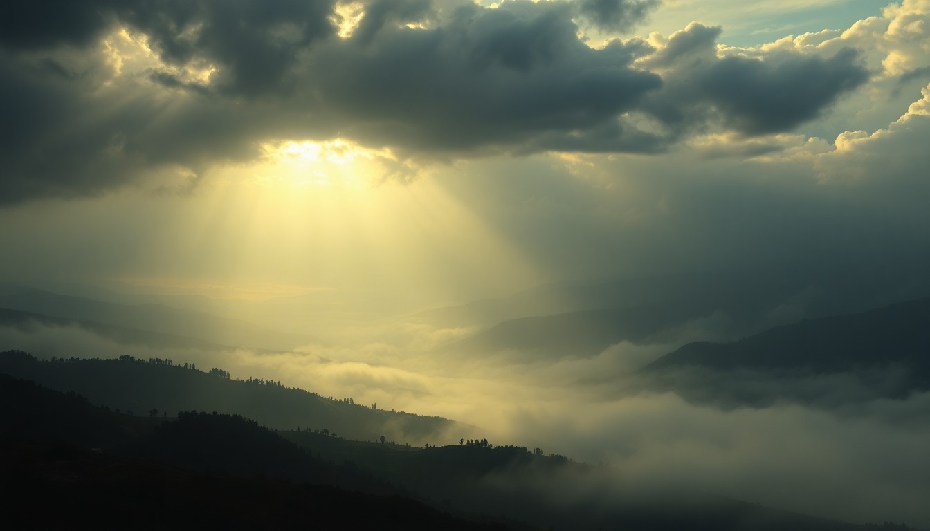 A vast, atmospheric landscape painting in muted tones of grey, blue, and gold, with a rolling countryside obscured by heavy fog and dramatic, backlit clouds, conveying the overwhelming scale and power of the natural world.