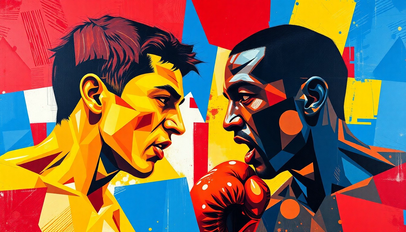 A cubist-style painting depicting a boxing match between two figures, their movements and actions fractured and deconstructed into sharp, overlapping geometric shapes in a vibrant color palette of red, blue, and yellow.