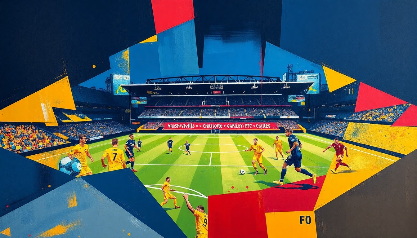 A cubist, geometric painting depicting a soccer match, with sharp, overlapping shapes in navy blue, gold, and red representing the dynamic action on the field.