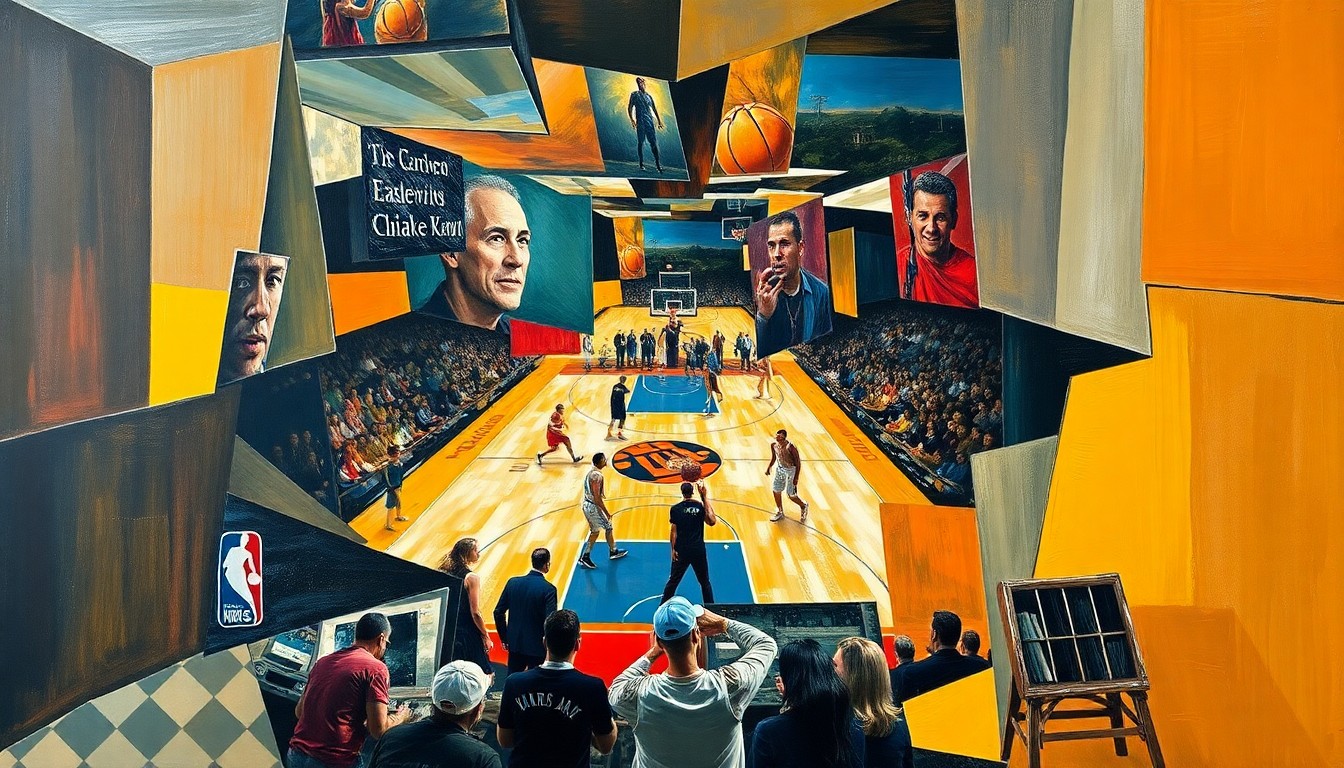 A cubist, geometric painting depicting fragmented, overlapping shapes and planes that abstractly represent the motion and energy of a basketball game or match.