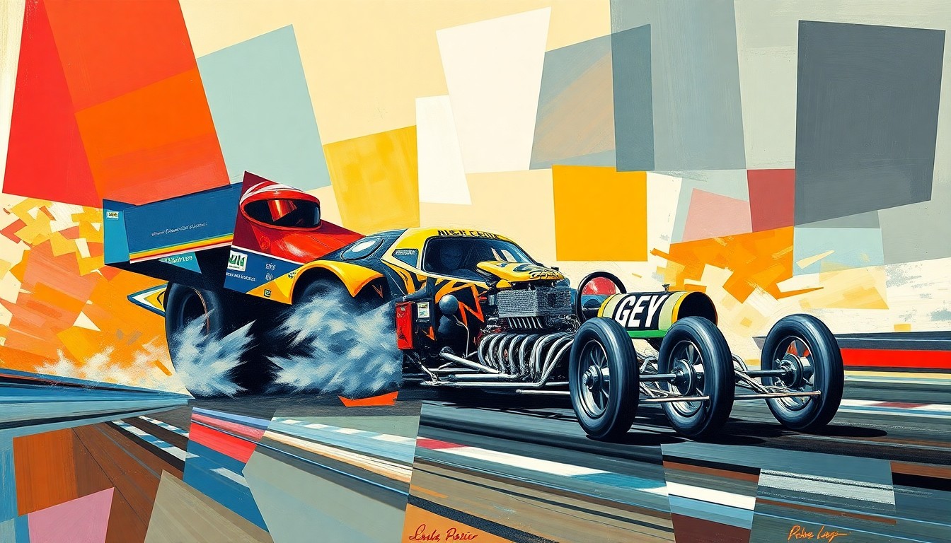 A fractured, multi-perspective painting depicting a drag racing scene, with sharp, overlapping geometric planes capturing the speed, energy, and technical precision of the sport.