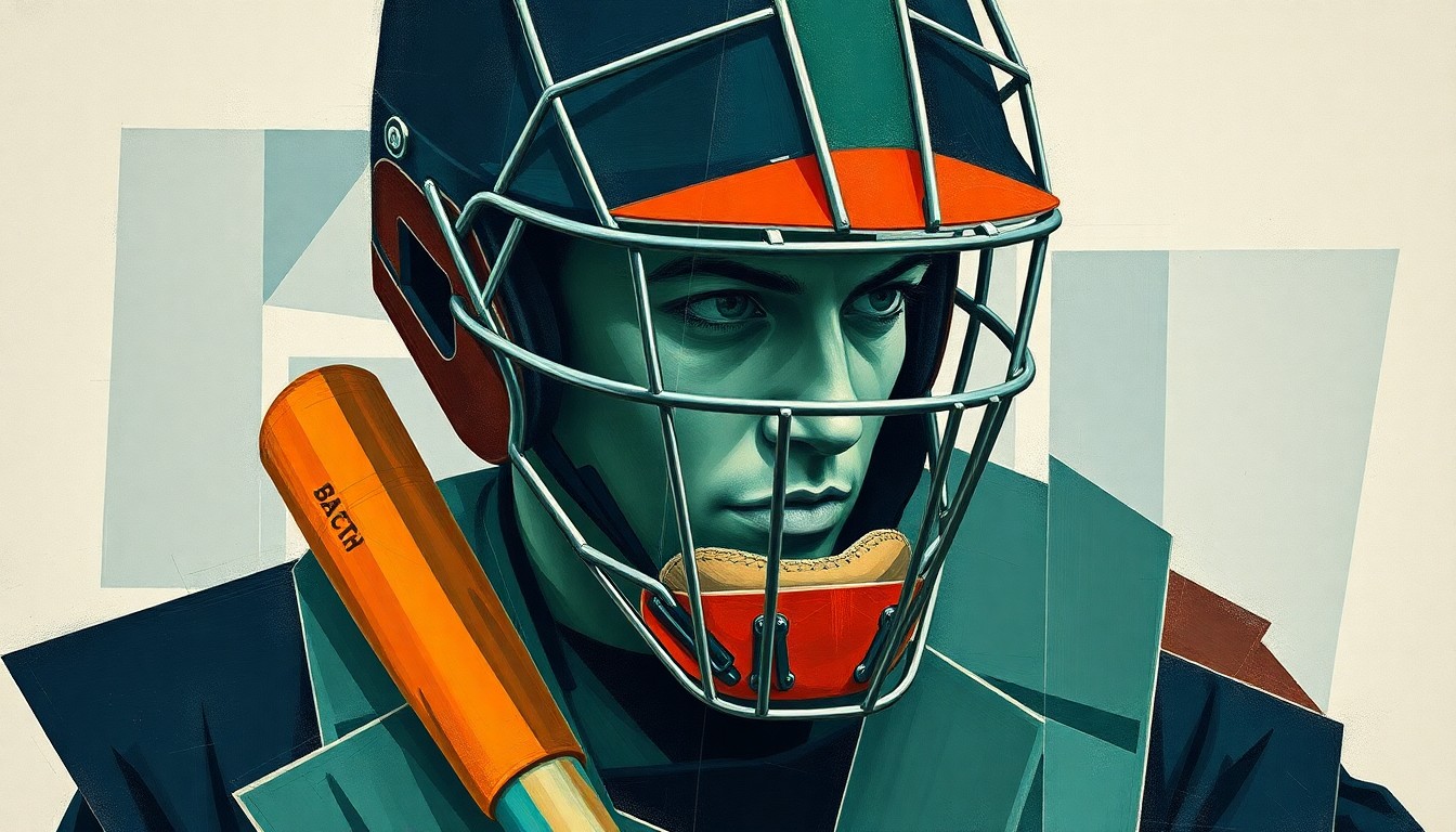 A cubist, geometric painting depicting the fragmented equipment of a baseball catcher, including the mask, chest protector, and shin guards, in a muted color palette of navy, forest green, and burnt orange, conveying the disruption and challenges faced by the Orioles due to injuries.