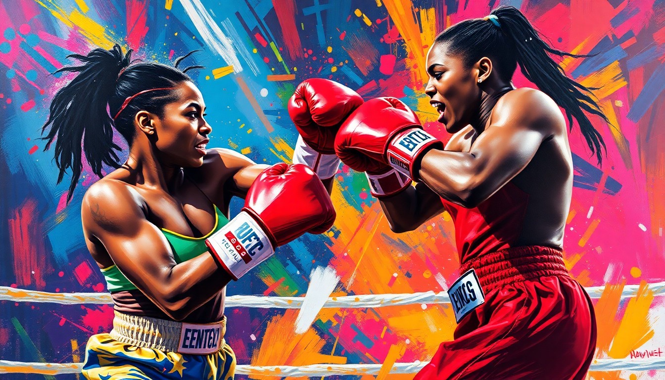 A dynamic, abstract painting in neon colors depicting the intense physical clash between two female boxers, their faces and forms blurred into a frenetic display of athletic energy and raw power.