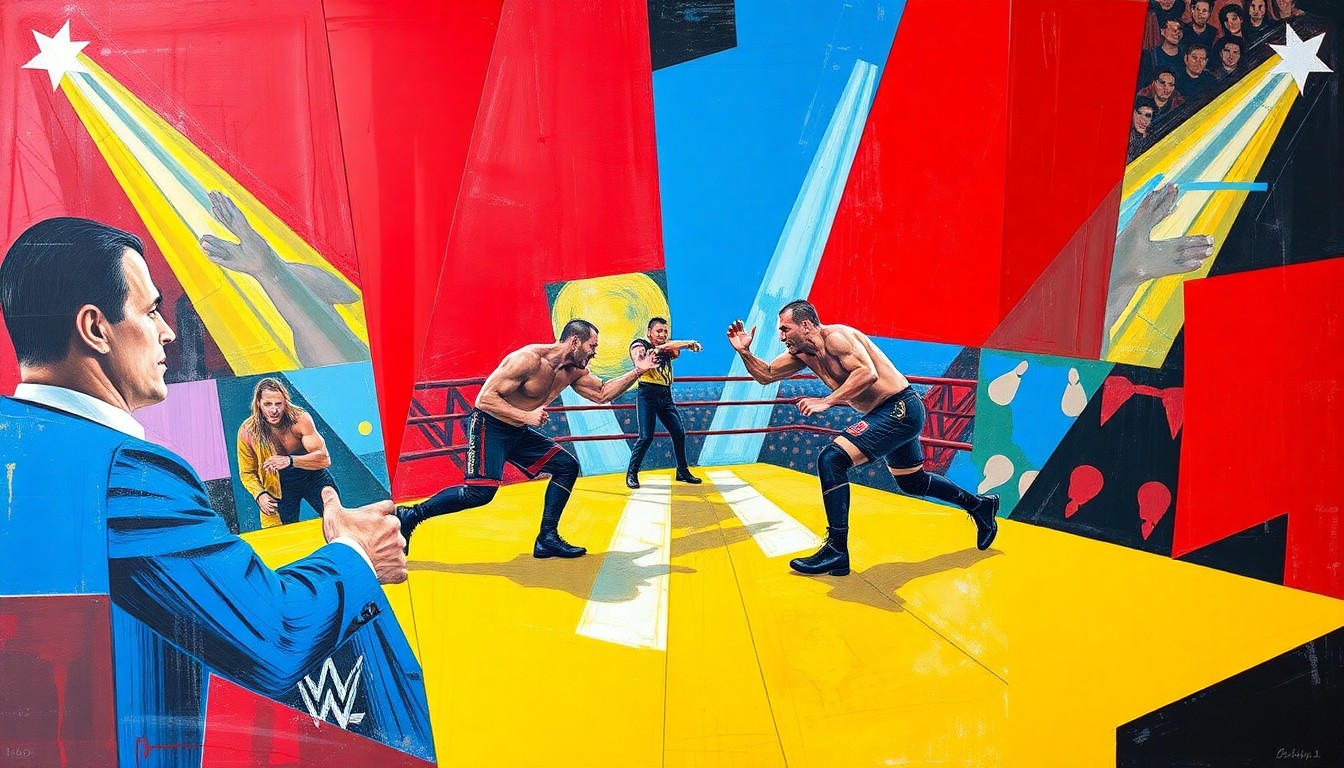 A cubist, geometric painting depicting a fractured, multi-perspective view of a WWE wrestling match, with sharp, overlapping planes of vibrant red, blue, and yellow colors.