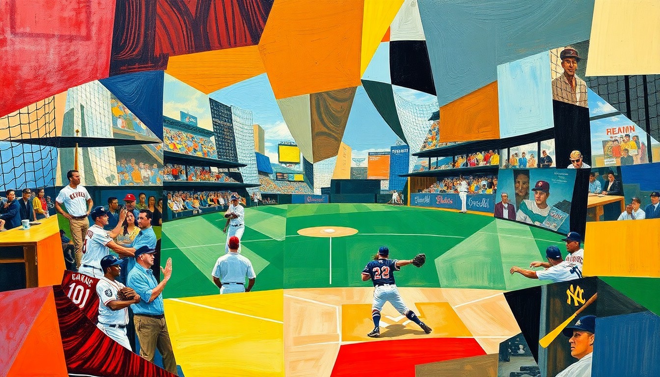 A fragmented, geometric painting depicting the chaotic final play of a baseball game, with overlapping shapes and planes representing the confusion and tension of the situation.