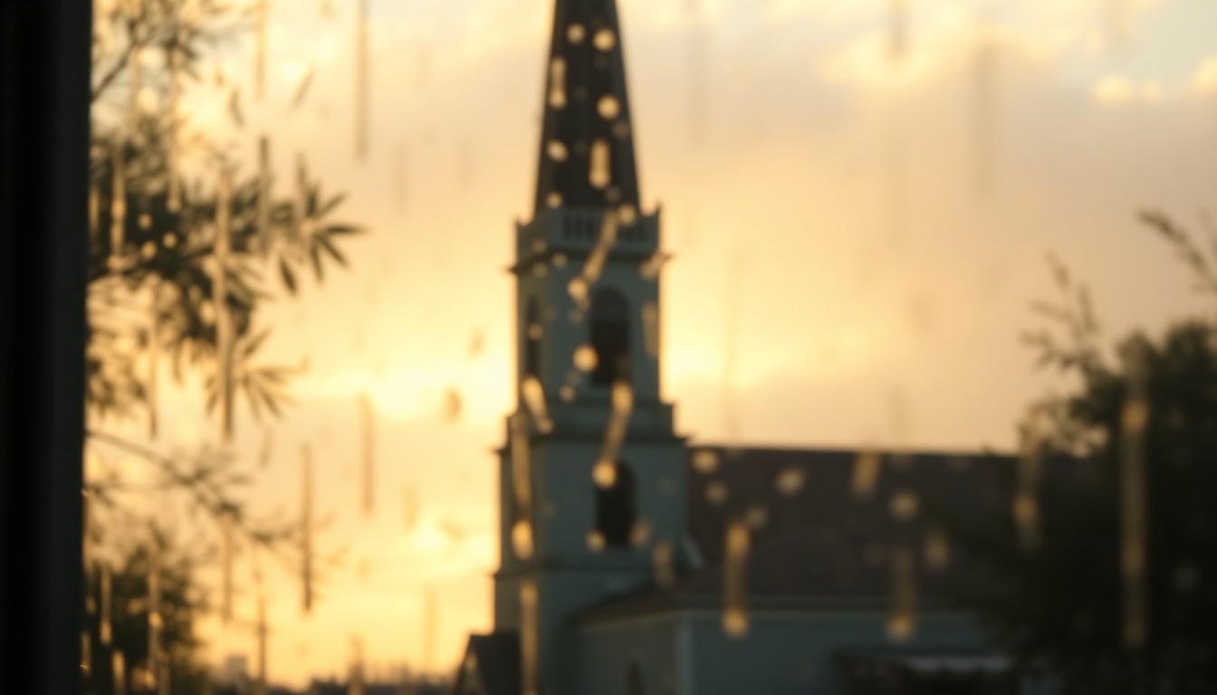 An abstract, out-of-focus photograph of a church steeple and bell tower, with the scene reflected in a rain-streaked window and bathed in warm, golden light, conveying a sense of reverence and community.