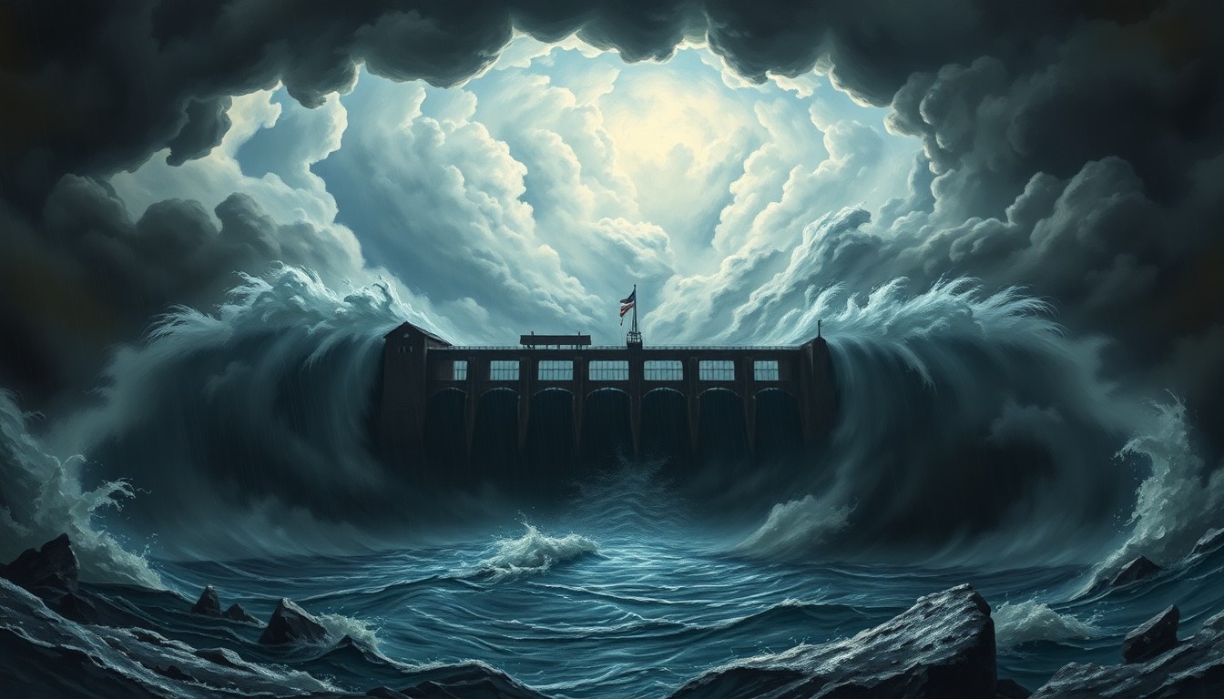 A vast, atmospheric landscape painting depicting the Cheboygan Lock and Dam structure dwarfed by a swirling vortex of heavy rain, dark clouds, and turbulent waters, conveying the fragility of human infrastructure in the face of overwhelming natural forces.