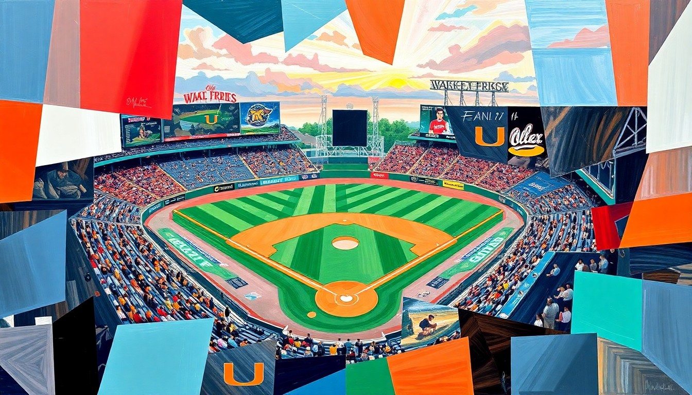 A cubist-style painting depicting a baseball game in sharp, overlapping geometric shapes, conveying the competitive energy of the matchup between the two teams.