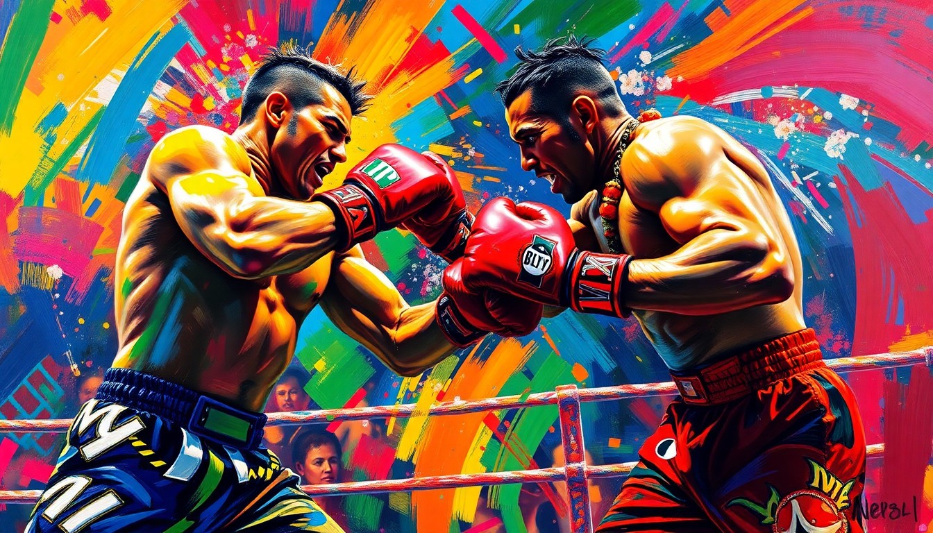 A vibrant, expressionist painting depicting the intense physicality of a bare-knuckle boxing match, with swirling neon colors and dynamic brushstrokes capturing the explosive energy of the fighters.