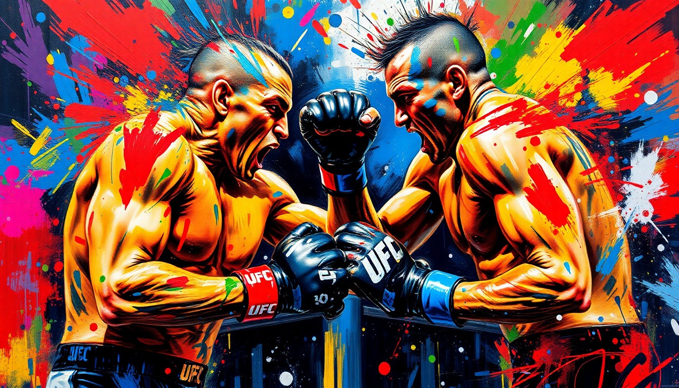 An abstract expressionist painting in vibrant neon colors, capturing the explosive energy and physical intensity of a heavyweight UFC fight, with the fighters' forms dissolving into dynamic brushstrokes and splatters of paint.