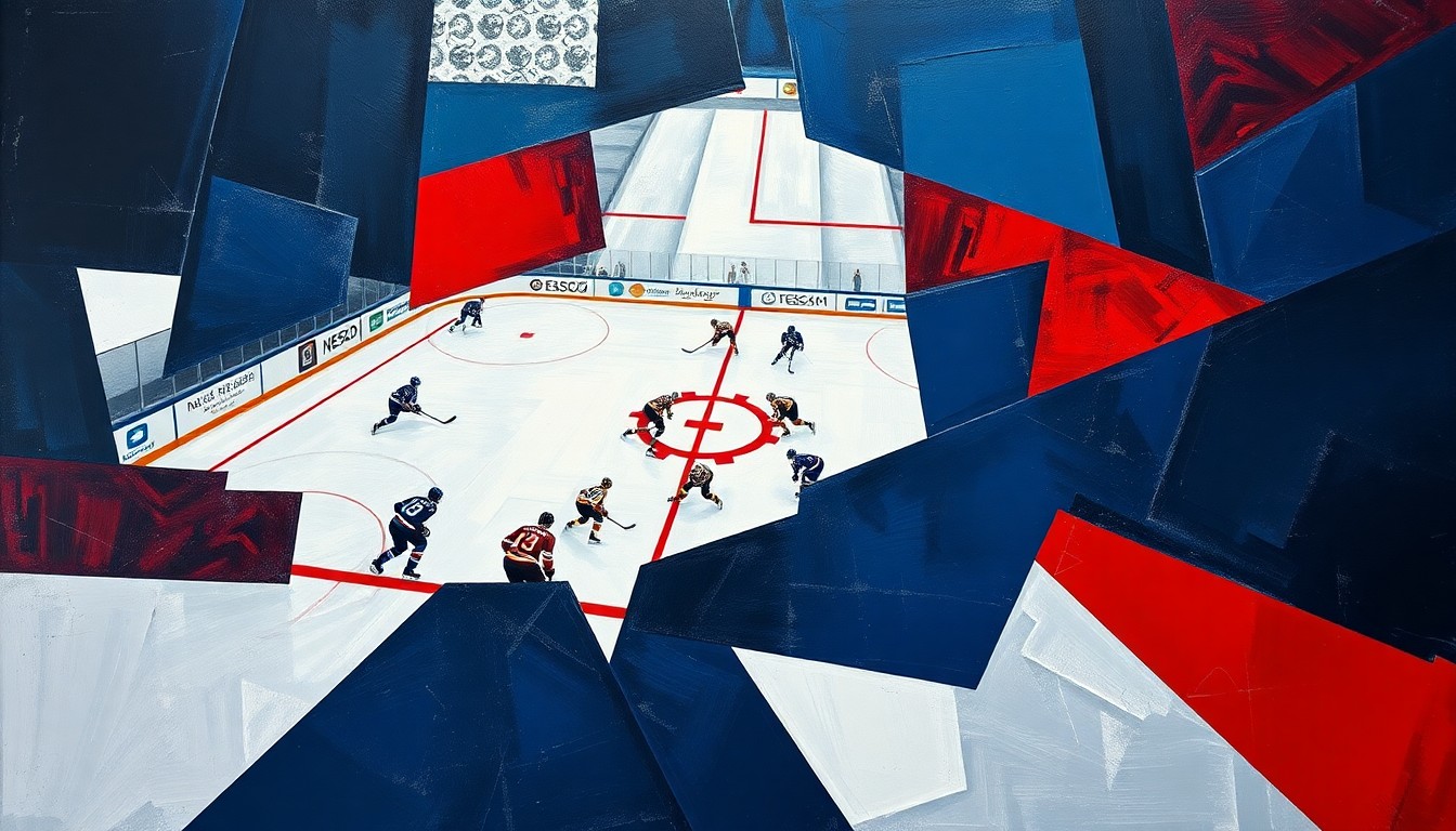 A cubist, geometric painting depicting a hockey game with overlapping planes of navy, red, and silver, conveying the dynamic action and competing perspectives of the sport.