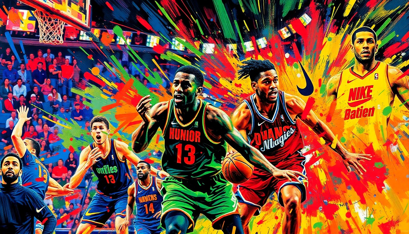 An abstract, expressionist painting in vibrant neon colors depicting the dynamic movements and energy of a basketball game, with players' forms dissolving into energetic brushstrokes and splashes of color.