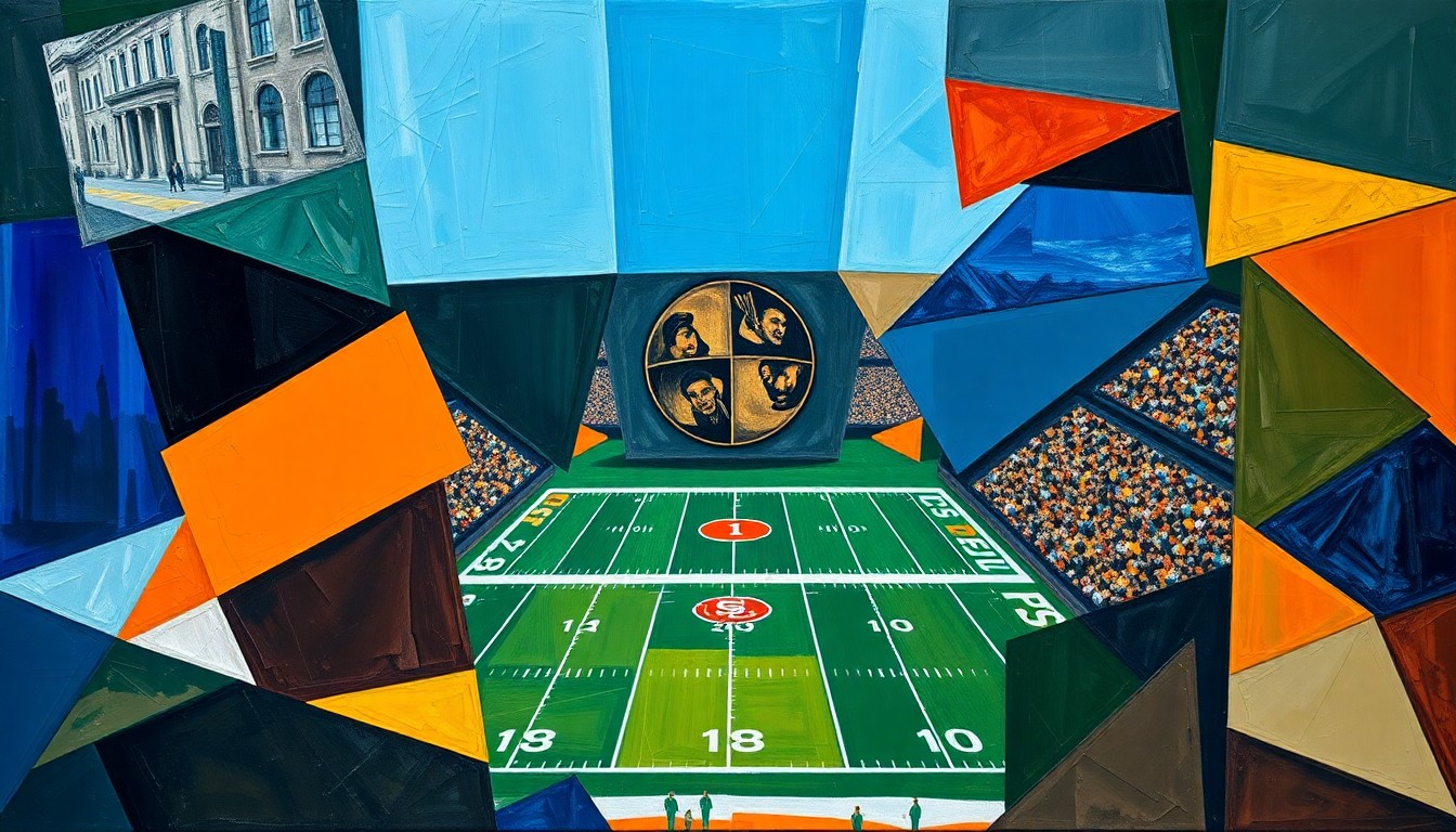 A fragmented, cubist-style painting depicting the action and energy of a college football or basketball championship game, with sharp geometric shapes and planes of color representing the competitive intensity of the matchup.