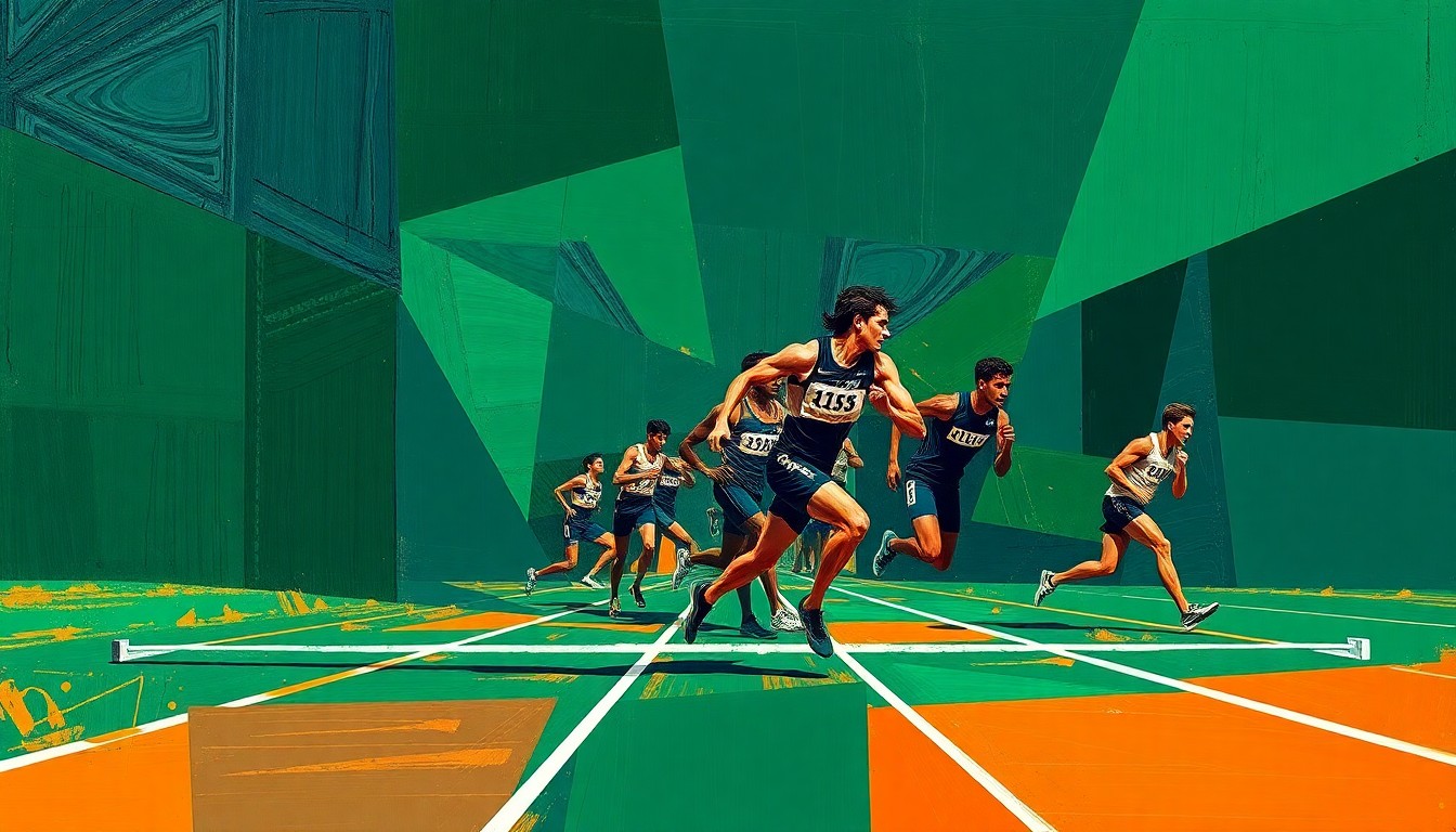 A cubist, geometric painting depicting a fragmented, multi-angled view of a track and field competition, with sharp planes of navy, green, and orange hues overlapping to create a dynamic, abstract composition.