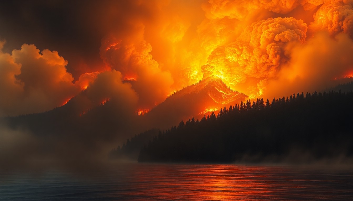 A sweeping landscape painting in muted earth tones, with billowing plumes of smoke and flames consuming a dense forest along the edge of a vast lake, conveying the overwhelming scale and power of the natural disaster.