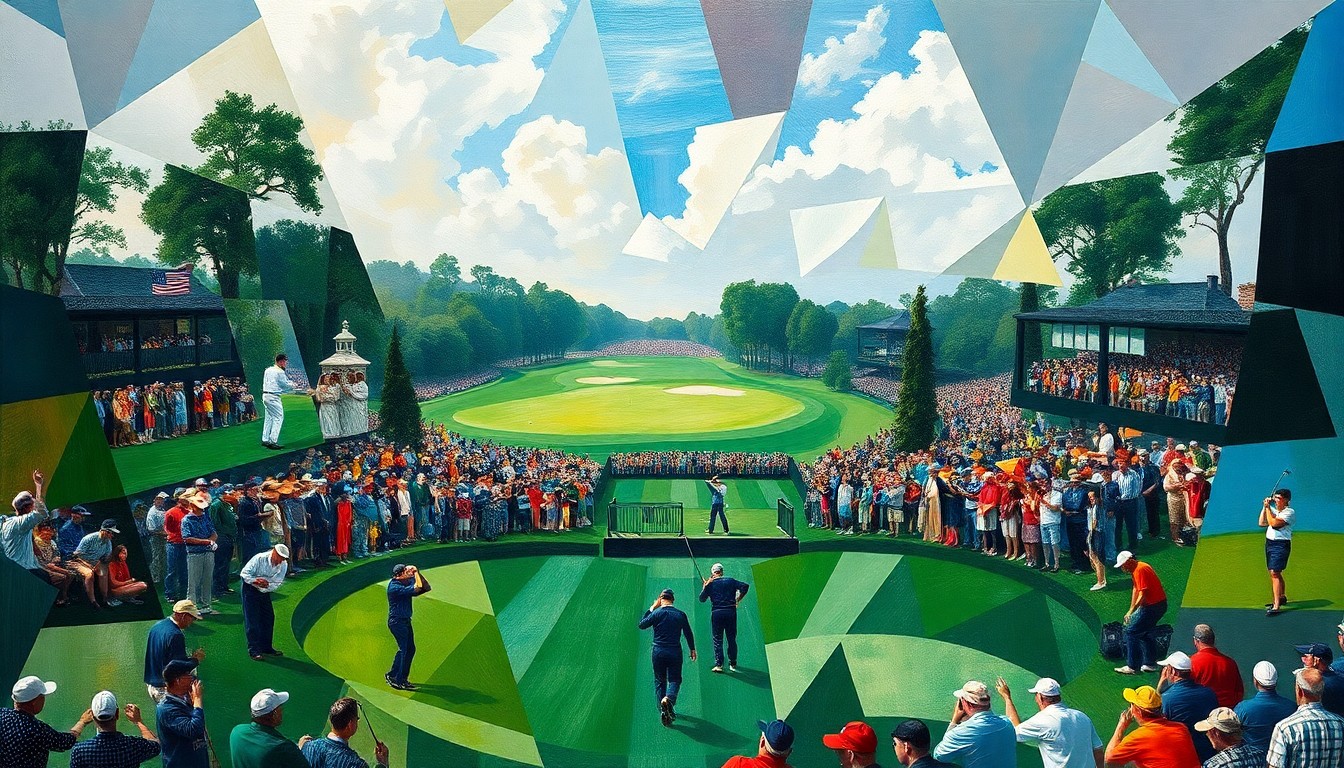 A cubist, geometric painting depicting a fragmented golf tournament scene, with players, the course, and spectators all broken down into abstract shapes and angles, conveying the dynamic energy and suspense of the final round of the Masters.