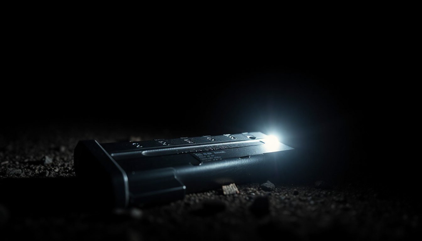 An extreme close-up photograph of a discarded handgun magazine on the ground, lit by a harsh, direct camera flash against a pitch-black background, creating a stark, gritty, investigative aesthetic.