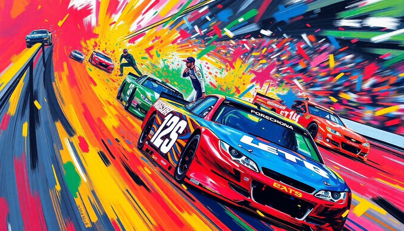 A vibrant, expressionist painting featuring bold, sweeping brushstrokes in neon colors that capture the raw energy and movement of a NASCAR race, with the cars and drivers blending together into an abstract, unrecognizable scene.
